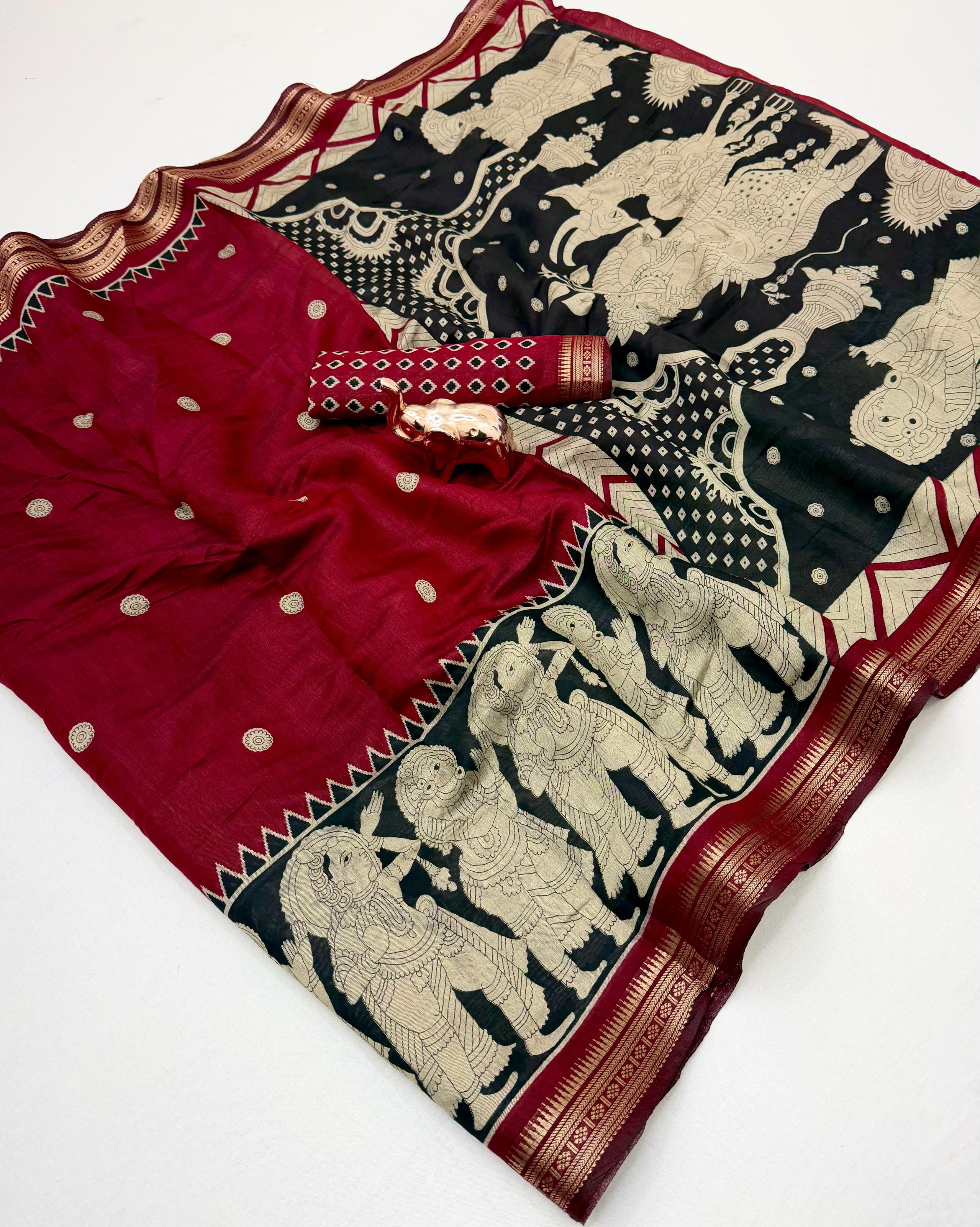 Desiring Festive Wear Soft Cotton Kalamkari Print Zari Weaving Border Saree With Blouse Piece