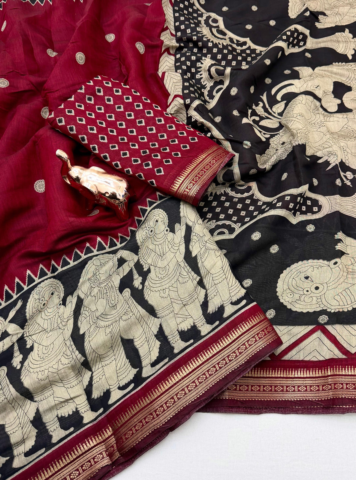 Desiring Festive Wear Soft Cotton Kalamkari Print Zari Weaving Border Saree With Blouse Piece