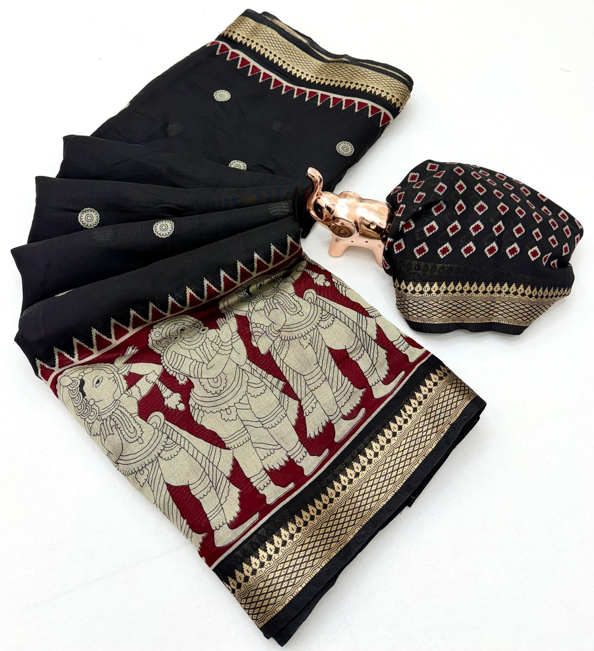 Desiring Festive Wear Soft Cotton Kalamkari Print Zari Weaving Border Saree With Blouse Piece