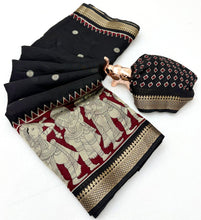 Load image into Gallery viewer, Desiring Festive Wear Soft Cotton Kalamkari Print Zari Weaving Border Saree With Blouse Piece
