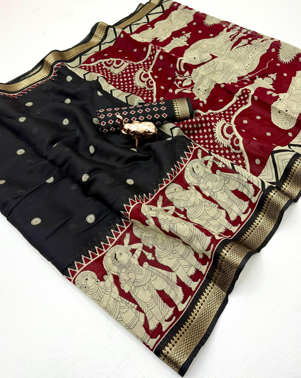 Desiring Festive Wear Soft Cotton Kalamkari Print Zari Weaving Border Saree With Blouse Piece