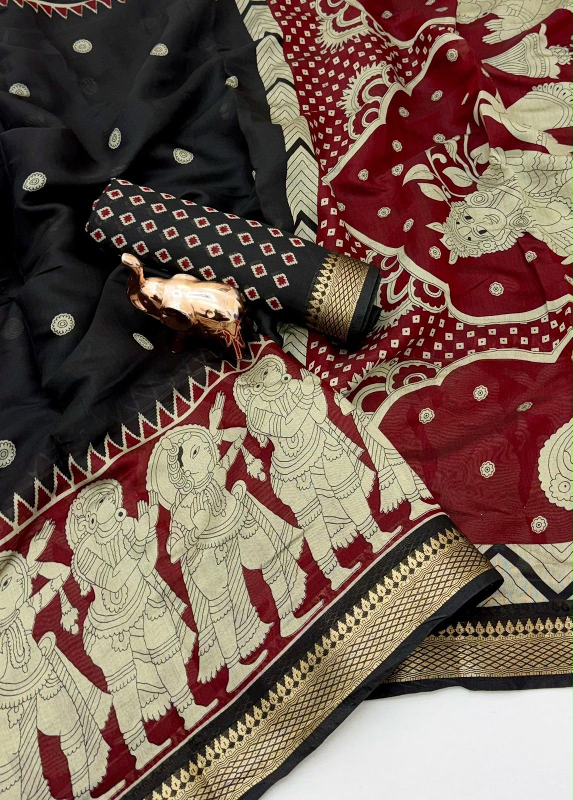 Desiring Festive Wear Soft Cotton Kalamkari Print Zari Weaving Border Saree With Blouse Piece