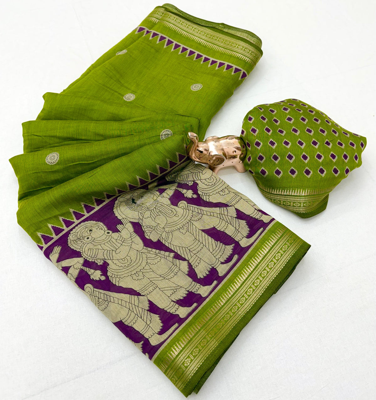 Desiring Festive Wear Soft Cotton Kalamkari Print Zari Weaving Border Saree With Blouse Piece