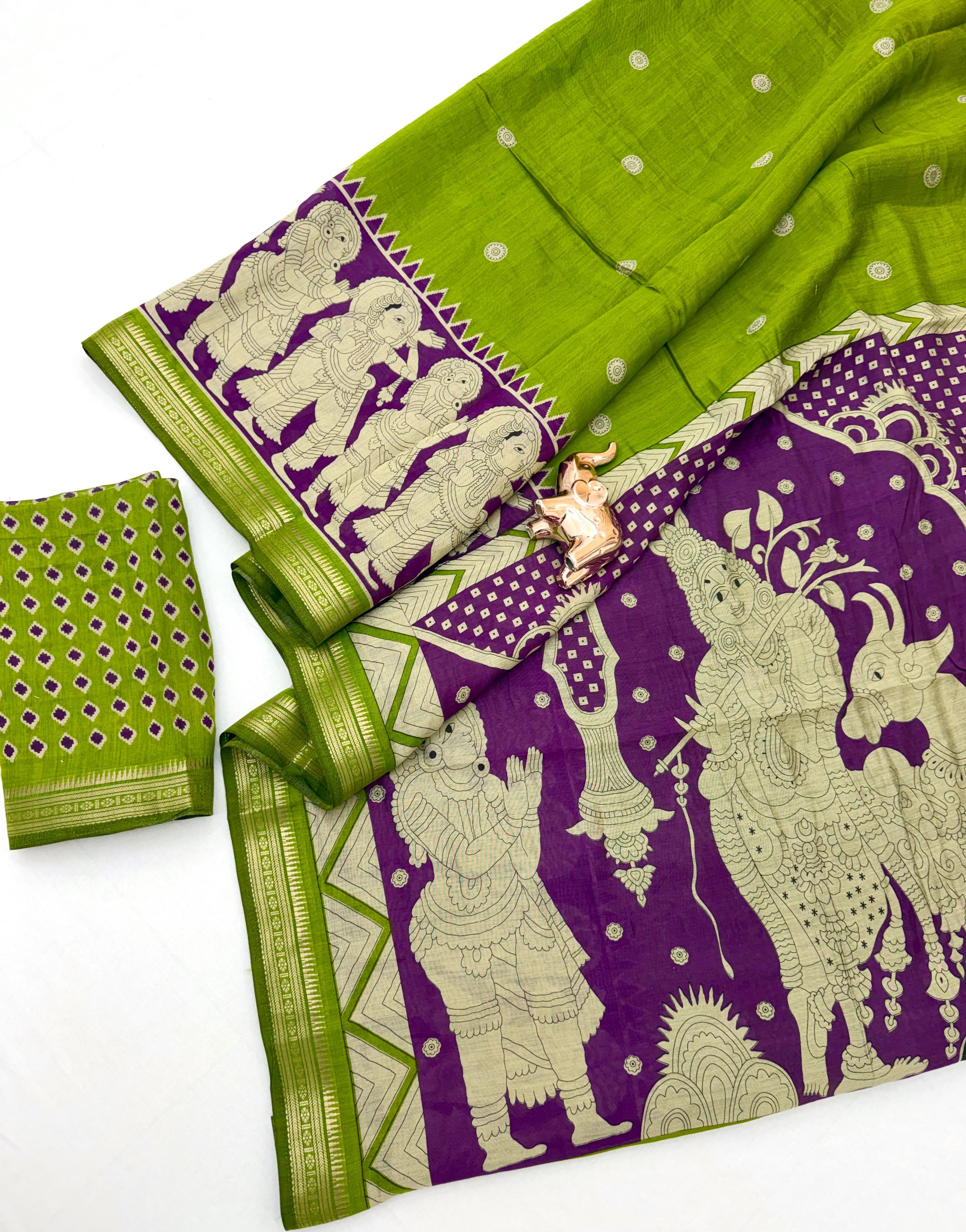 Desiring Festive Wear Soft Cotton Kalamkari Print Zari Weaving Border Saree With Blouse Piece