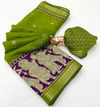 Load image into Gallery viewer, Desiring Festive Wear Soft Cotton Kalamkari Print Zari Weaving Border Saree With Blouse Piece
