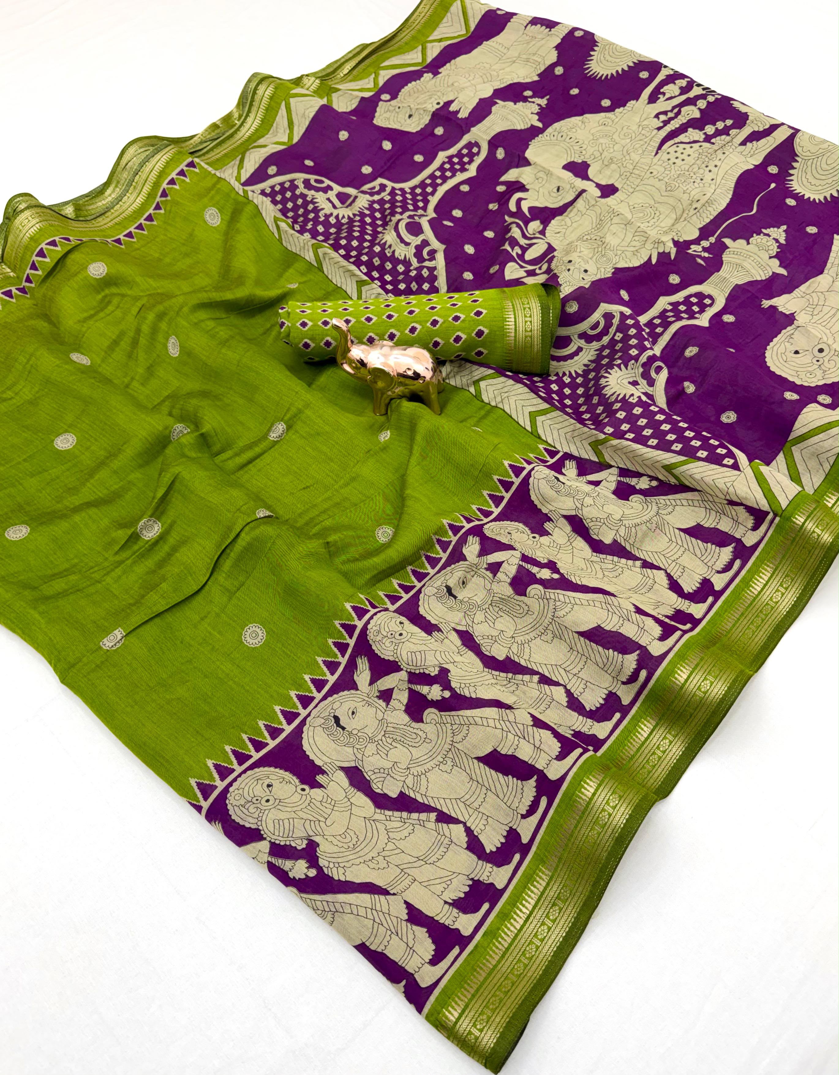 Desiring Festive Wear Soft Cotton Kalamkari Print Zari Weaving Border Saree With Blouse Piece