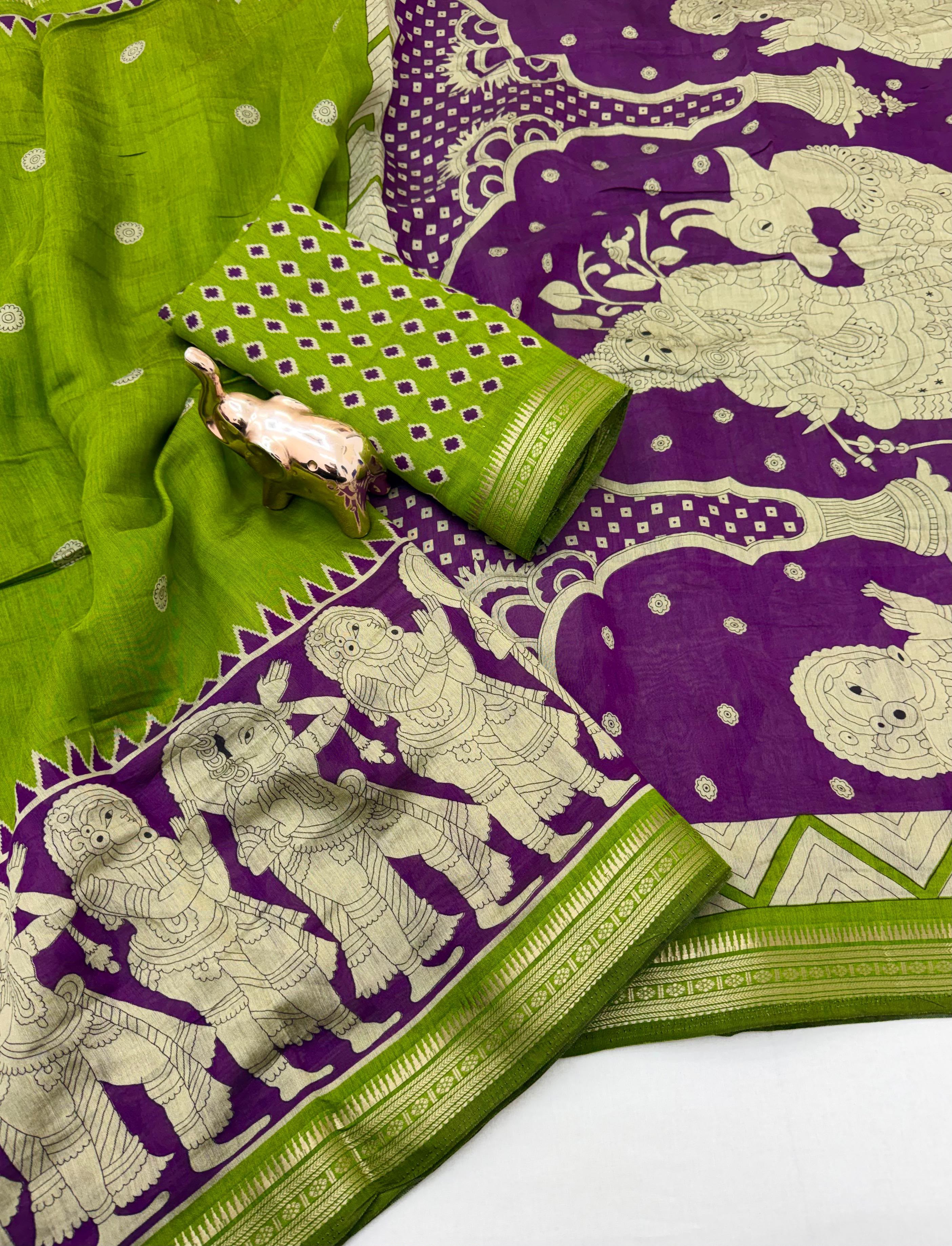 Desiring Festive Wear Soft Cotton Kalamkari Print Zari Weaving Border Saree With Blouse Piece