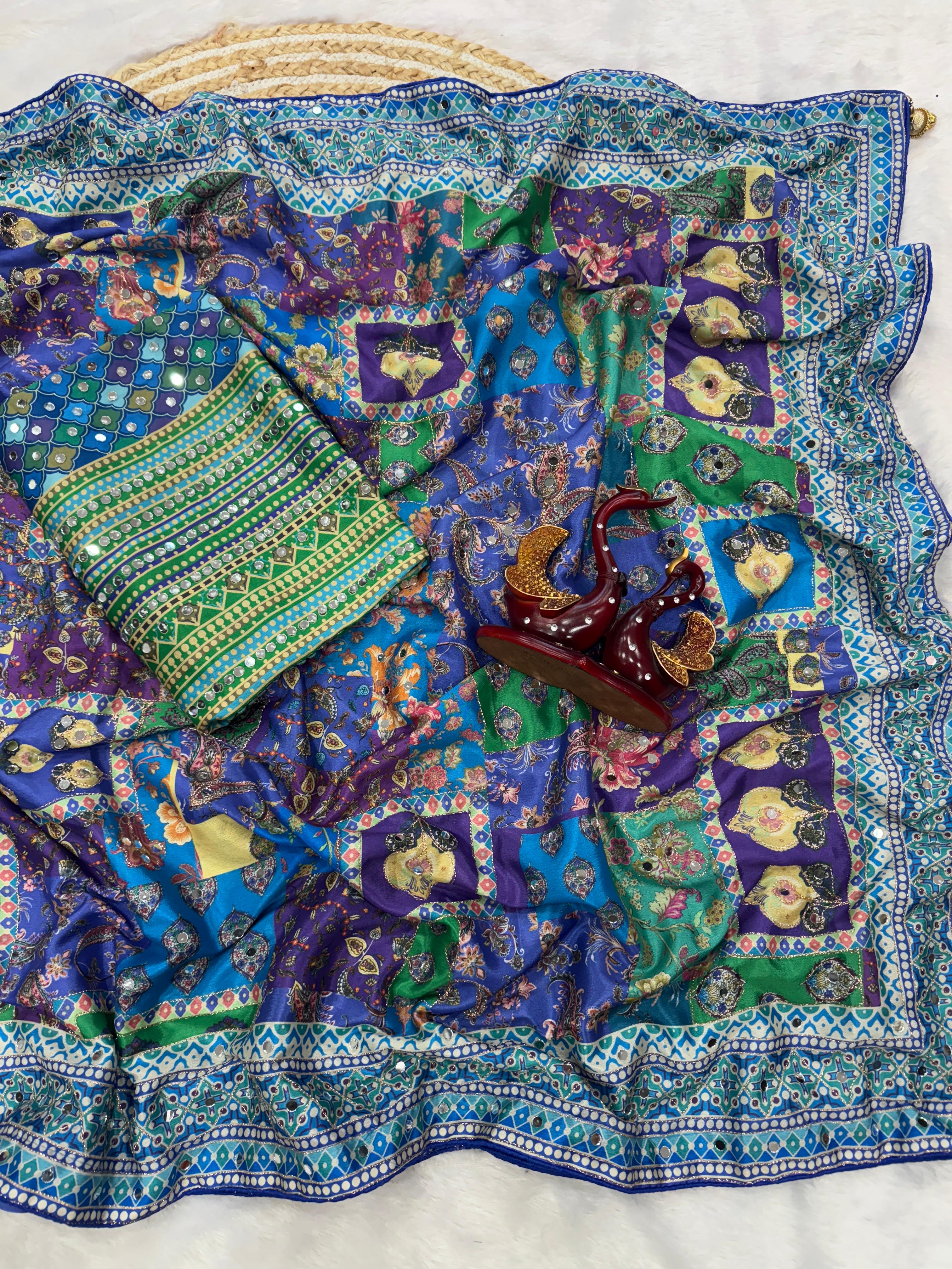 Breathtaking Party Wear Soft Chinon Silk Print n Mirror Work Designer Saree With Blissful Blouse Piece