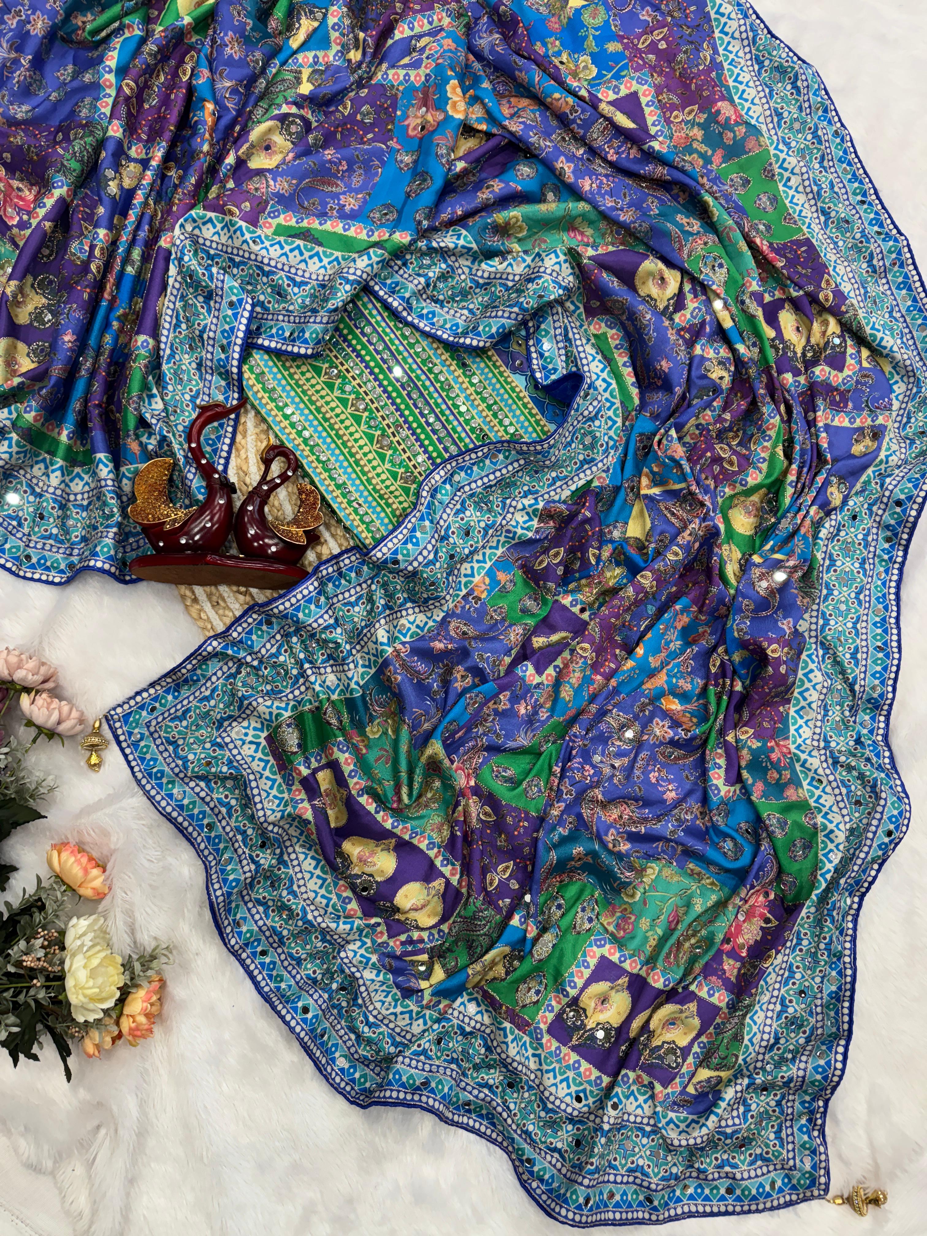 Breathtaking Party Wear Soft Chinon Silk Print n Mirror Work Designer Saree With Blissful Blouse Piece