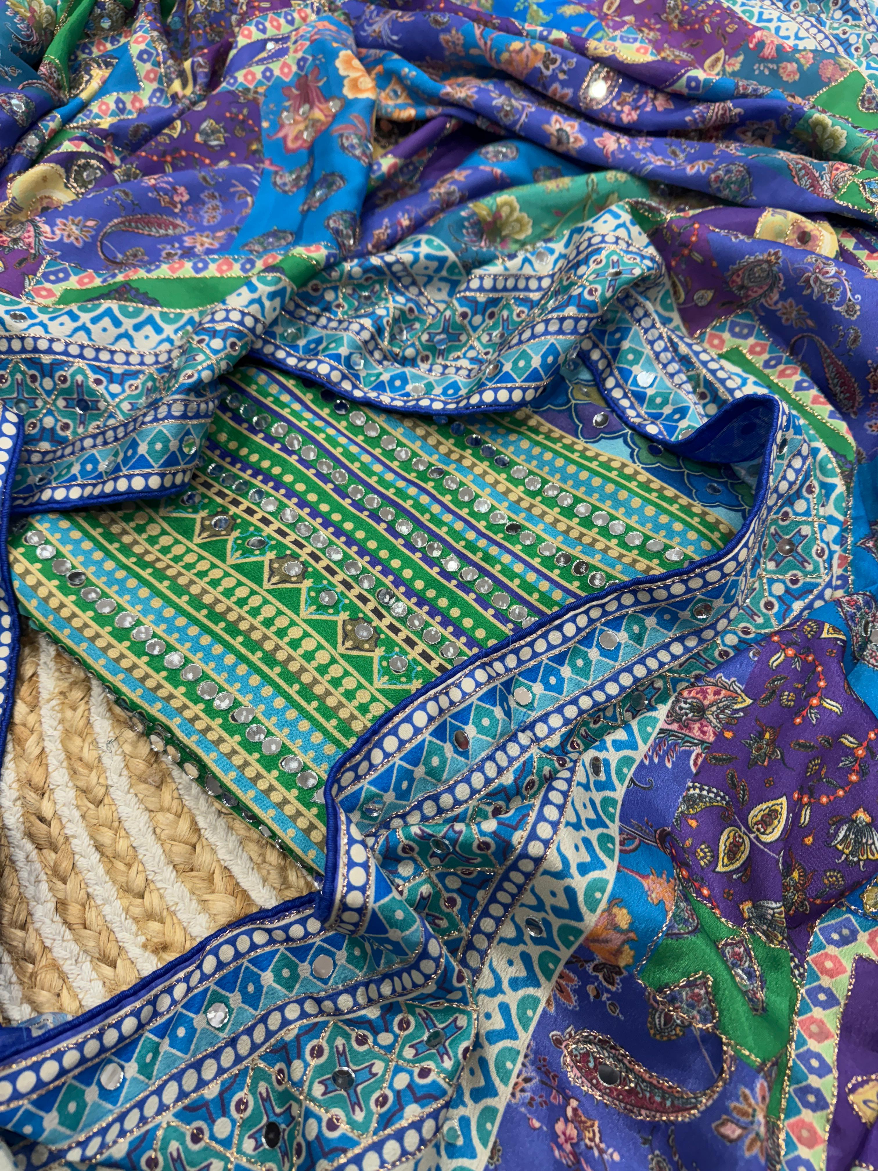 Breathtaking Party Wear Soft Chinon Silk Print n Mirror Work Designer Saree With Blissful Blouse Piece