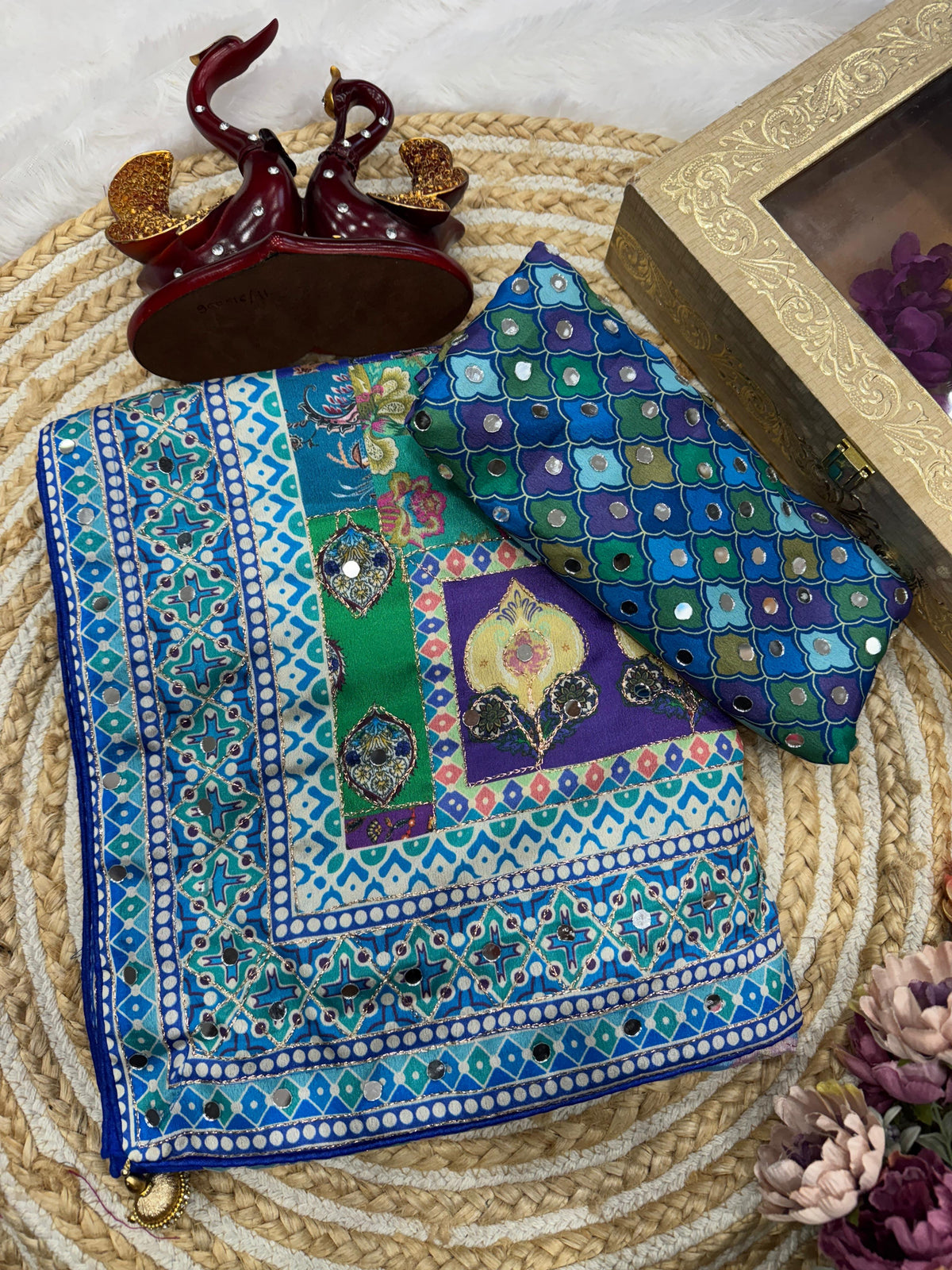 Breathtaking Party Wear Soft Chinon Silk Print n Mirror Work Designer Saree With Blissful Blouse Piece