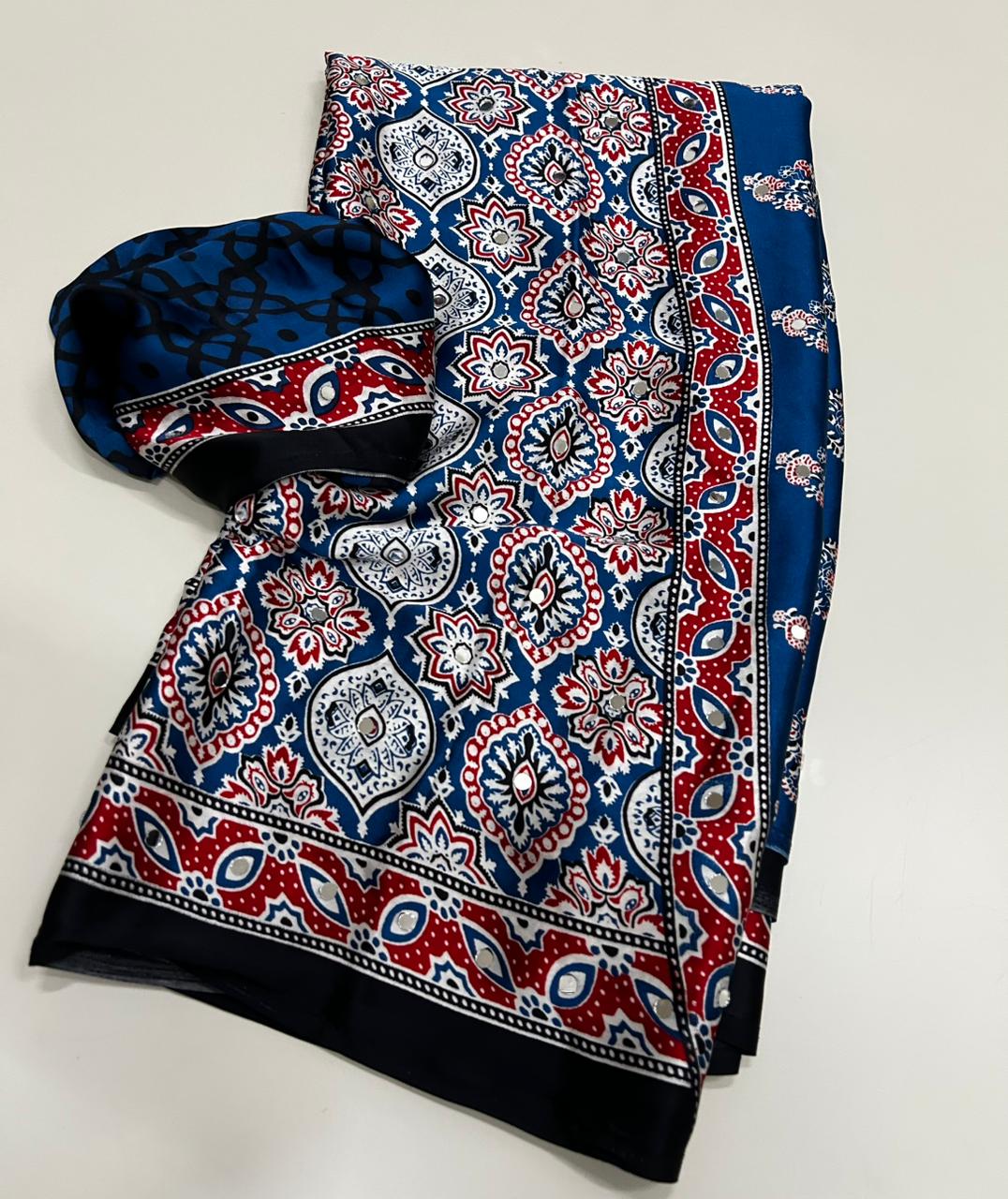 Glamorous Function Wear Pure Satin Silk Ajrak Printed Rich Pallu n Mirror Work Fancy Saree With Blouse Piece