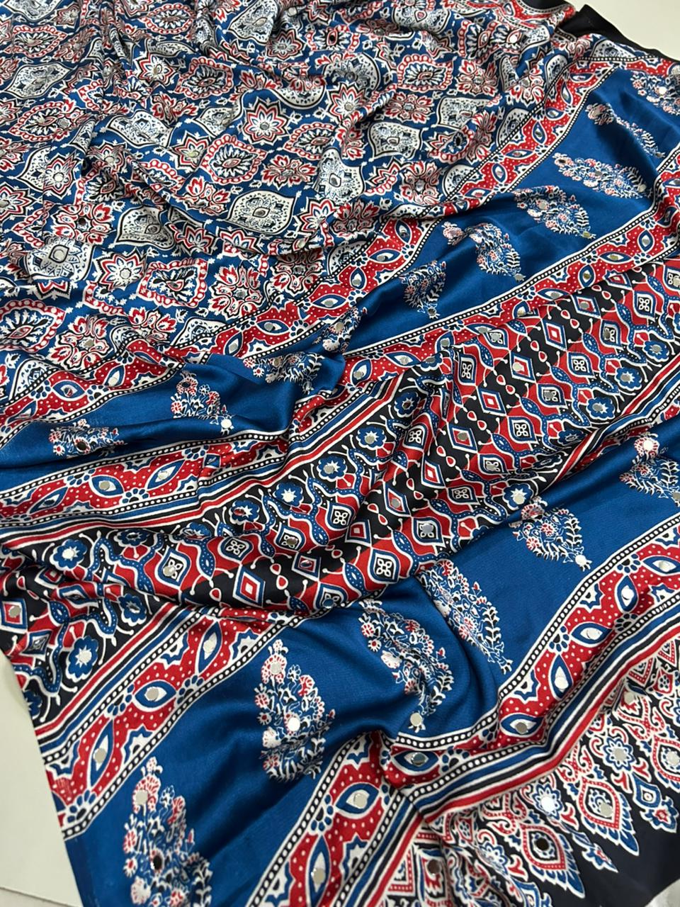 Glamorous Function Wear Pure Satin Silk Ajrak Printed Rich Pallu n Mirror Work Fancy Saree With Blouse Piece