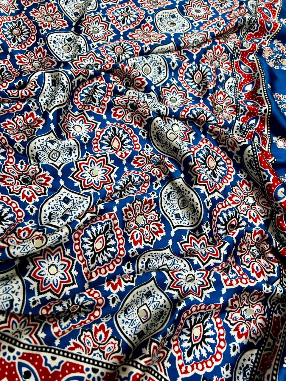 Glamorous Function Wear Pure Satin Silk Ajrak Printed Rich Pallu n Mirror Work Fancy Saree With Blouse Piece
