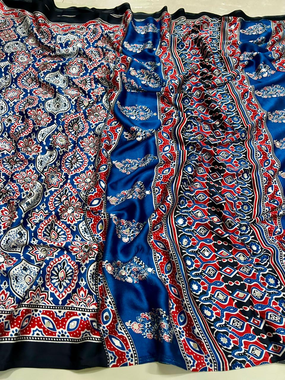 Glamorous Function Wear Pure Satin Silk Ajrak Printed Rich Pallu n Mirror Work Fancy Saree With Blouse Piece