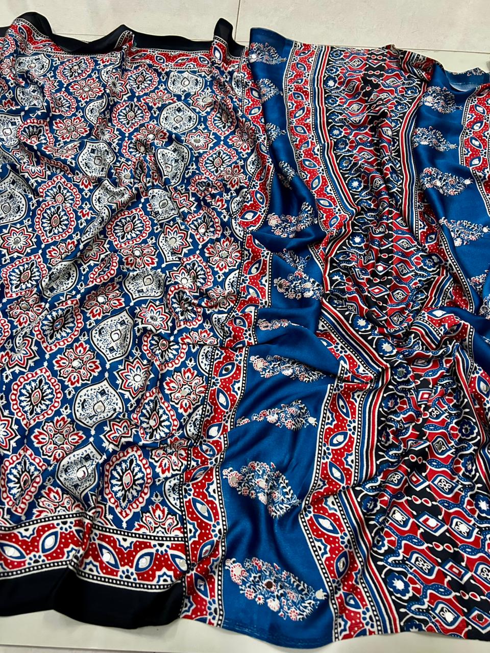 Glamorous Function Wear Pure Satin Silk Ajrak Printed Rich Pallu n Mirror Work Fancy Saree With Blouse Piece