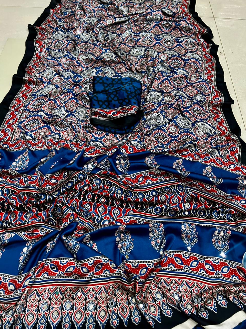 Glamorous Function Wear Pure Satin Silk Ajrak Printed Rich Pallu n Mirror Work Fancy Saree With Blouse Piece