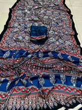 Load image into Gallery viewer, Glamorous Function Wear Pure Satin Silk Ajrak Printed Rich Pallu n Mirror Work Fancy Saree With Blouse Piece
