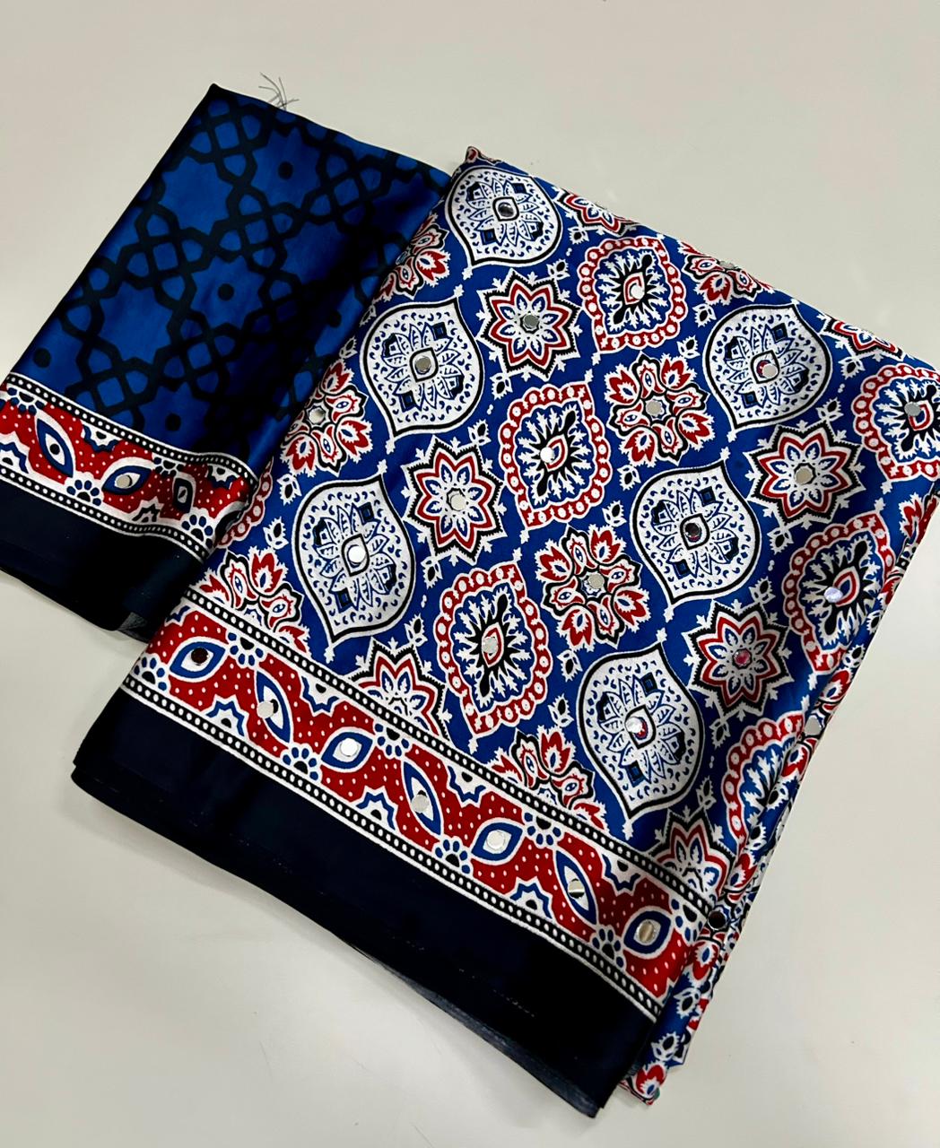 Glamorous Function Wear Pure Satin Silk Ajrak Printed Rich Pallu n Mirror Work Fancy Saree With Blouse Piece