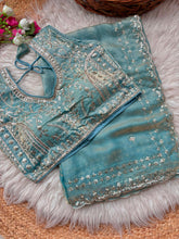 Load image into Gallery viewer, Blossom Wedding Wear Satin Silk Embroidery Sequence n Aarco Work Border Designer Saree With Stitched Blouse
