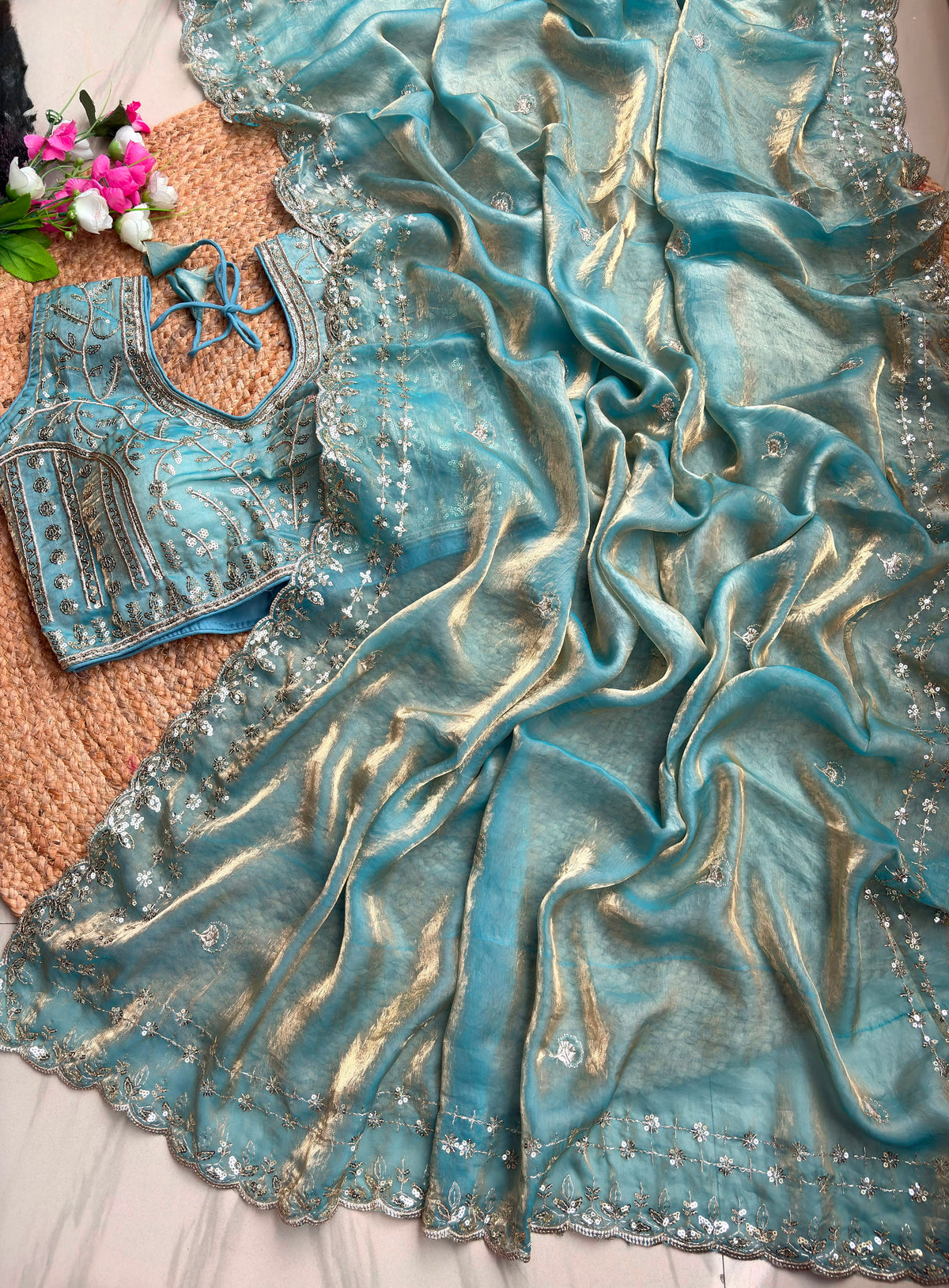 Blossom Wedding Wear Satin Silk Embroidery Sequence n Aarco Work Border Designer Saree With Stitched Blouse