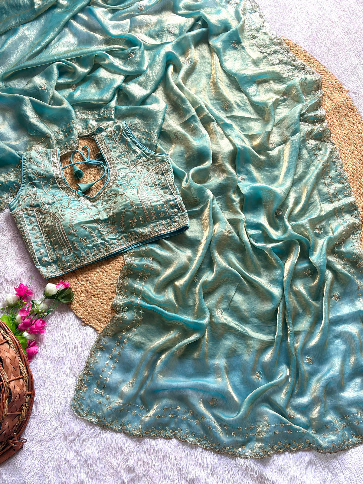 Blossom Wedding Wear Satin Silk Embroidery Sequence n Aarco Work Border Designer Saree With Stitched Blouse