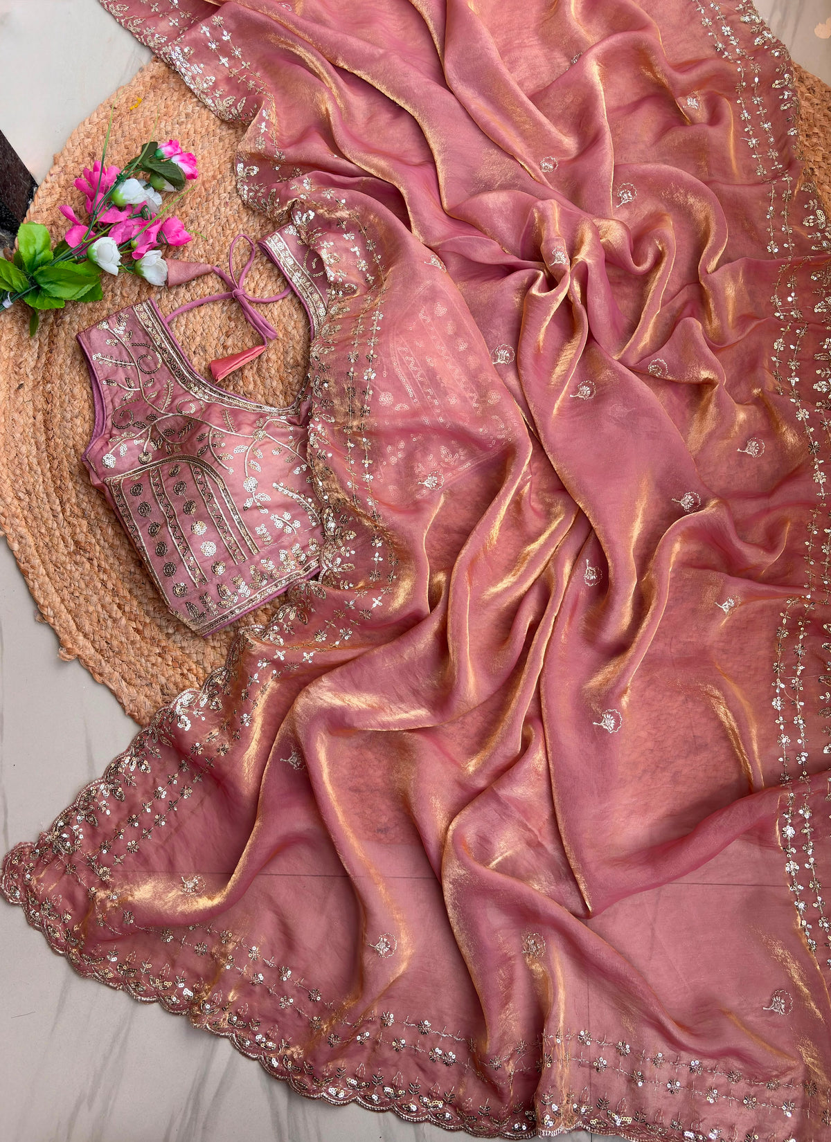 Blossom Wedding Wear Satin Silk Embroidery Sequence n Aarco Work Border Designer Saree With Stitched Blouse