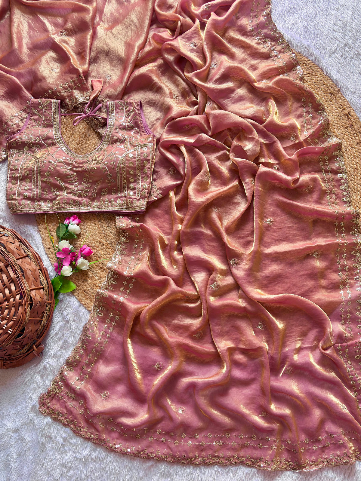 Blossom Wedding Wear Satin Silk Embroidery Sequence n Aarco Work Border Designer Saree With Stitched Blouse