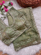 Load image into Gallery viewer, Blossom Wedding Wear Satin Silk Embroidery Sequence n Aarco Work Border Designer Saree With Stitched Blouse
