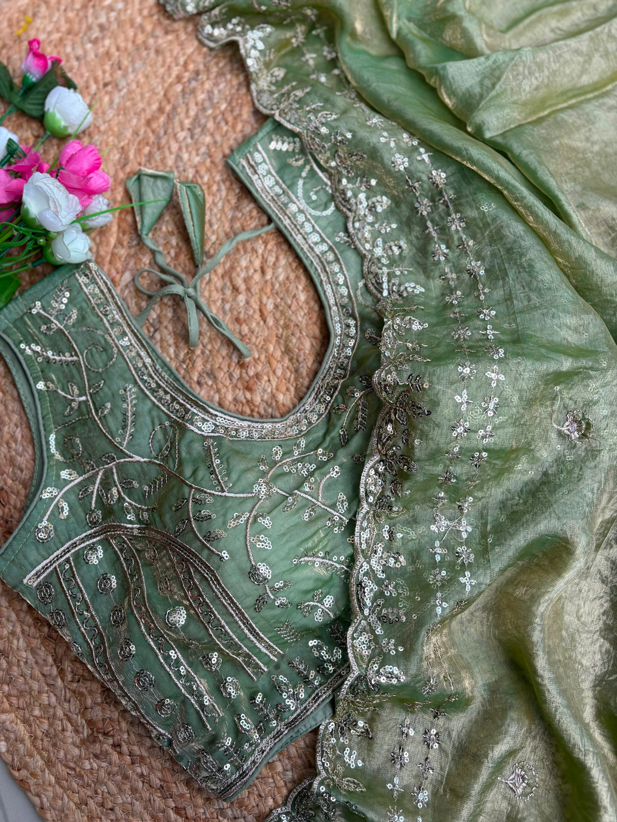 Blossom Wedding Wear Satin Silk Embroidery Sequence n Aarco Work Border Designer Saree With Stitched Blouse