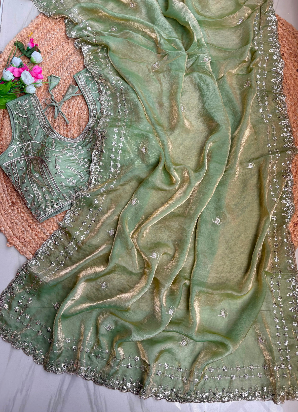 Blossom Wedding Wear Satin Silk Embroidery Sequence n Aarco Work Border Designer Saree With Stitched Blouse