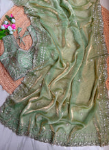 Load image into Gallery viewer, Blossom Wedding Wear Satin Silk Embroidery Sequence n Aarco Work Border Designer Saree With Stitched Blouse
