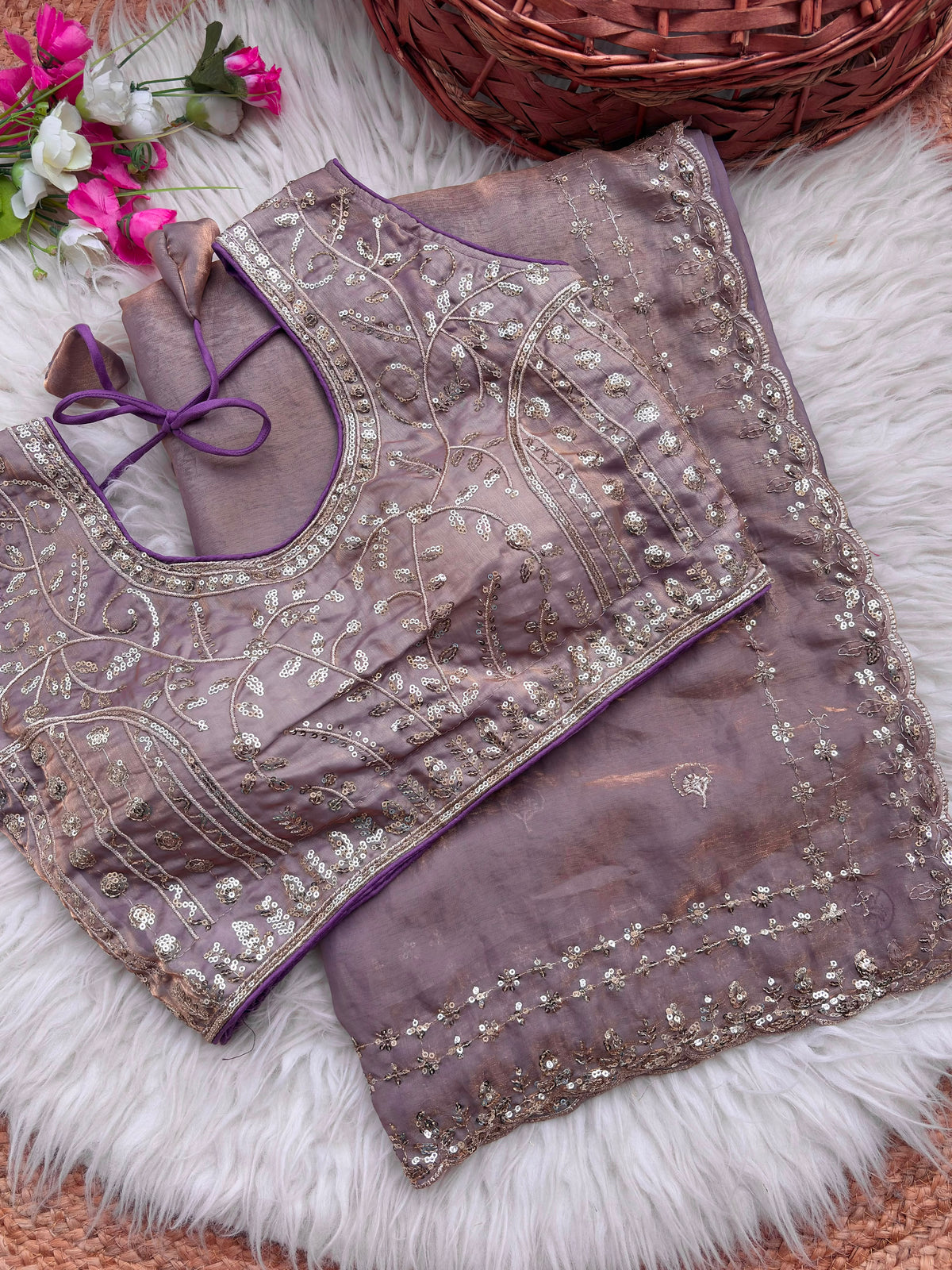 Blossom Wedding Wear Satin Silk Embroidery Sequence n Aarco Work Border Designer Saree With Stitched Blouse