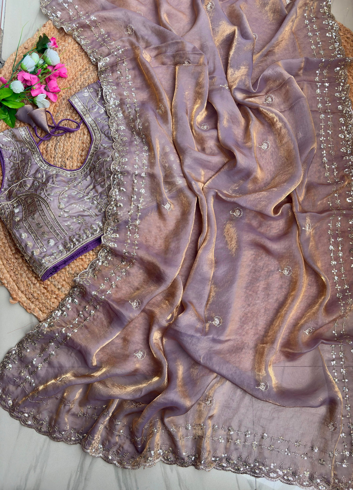 Blossom Wedding Wear Satin Silk Embroidery Sequence n Aarco Work Border Designer Saree With Stitched Blouse