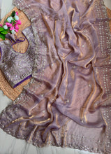 Load image into Gallery viewer, Blossom Wedding Wear Satin Silk Embroidery Sequence n Aarco Work Border Designer Saree With Stitched Blouse
