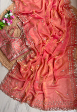 Load image into Gallery viewer, Blossom Wedding Wear Satin Silk Embroidery Sequence n Aarco Work Border Designer Saree With Stitched Blouse
