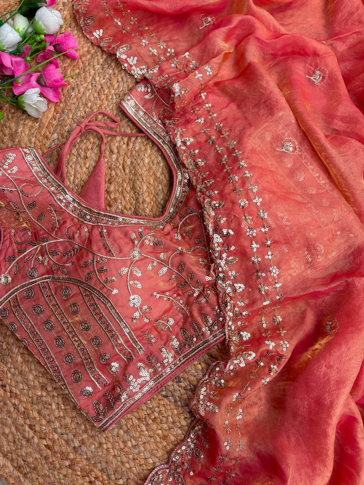 Blossom Wedding Wear Satin Silk Embroidery Sequence n Aarco Work Border Designer Saree With Stitched Blouse