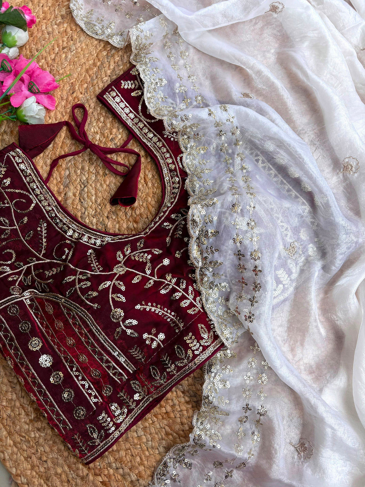 Blossom Wedding Wear Satin Silk Embroidery Sequence n Aarco Work Border Designer Saree With Stitched Blouse