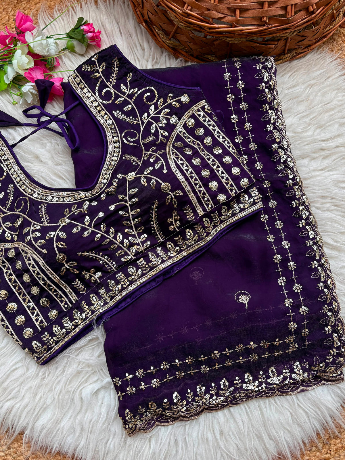 Blossom Wedding Wear Satin Silk Embroidery Sequence n Aarco Work Border Designer Saree With Stitched Blouse