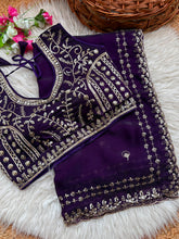 Load image into Gallery viewer, Blossom Wedding Wear Satin Silk Embroidery Sequence n Aarco Work Border Designer Saree With Stitched Blouse

