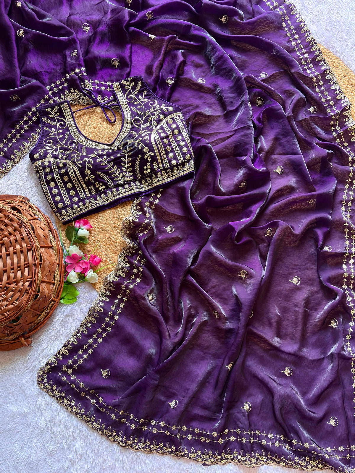 Blossom Wedding Wear Satin Silk Embroidery Sequence n Aarco Work Border Designer Saree With Stitched Blouse