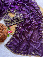 Load image into Gallery viewer, Blossom Wedding Wear Satin Silk Embroidery Sequence n Aarco Work Border Designer Saree With Stitched Blouse
