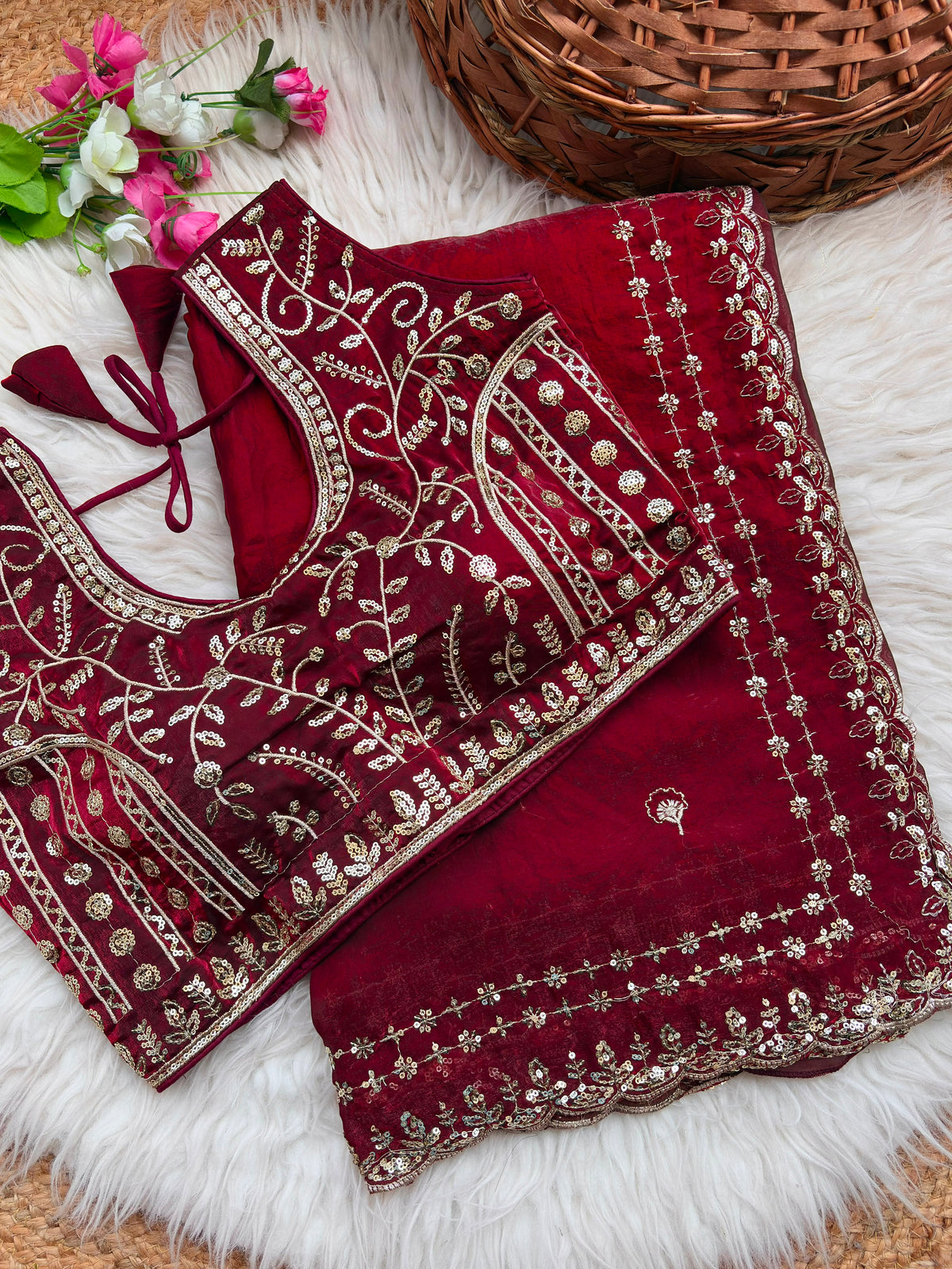 Blossom Wedding Wear Satin Silk Embroidery Sequence n Aarco Work Border Designer Saree With Stitched Blouse