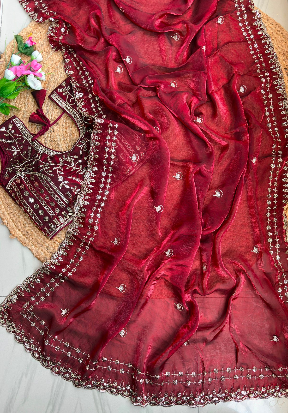 Blossom Wedding Wear Satin Silk Embroidery Sequence n Aarco Work Border Designer Saree With Stitched Blouse