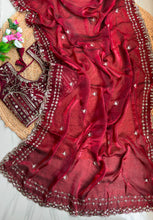 Load image into Gallery viewer, Blossom Wedding Wear Satin Silk Embroidery Sequence n Aarco Work Border Designer Saree With Stitched Blouse

