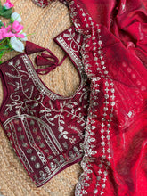 Load image into Gallery viewer, Blossom Wedding Wear Satin Silk Embroidery Sequence n Aarco Work Border Designer Saree With Stitched Blouse
