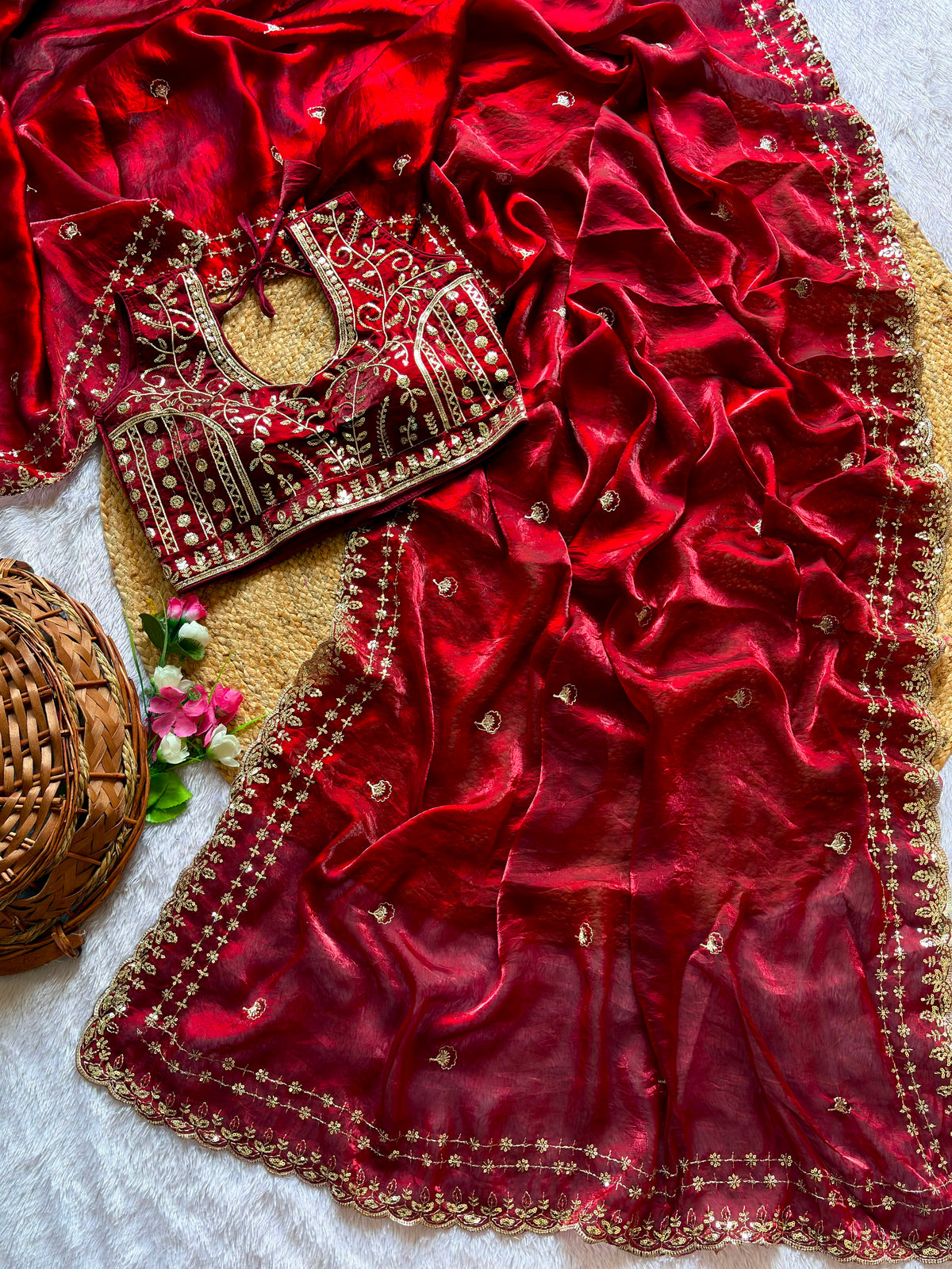 Blossom Wedding Wear Satin Silk Embroidery Sequence n Aarco Work Border Designer Saree With Stitched Blouse
