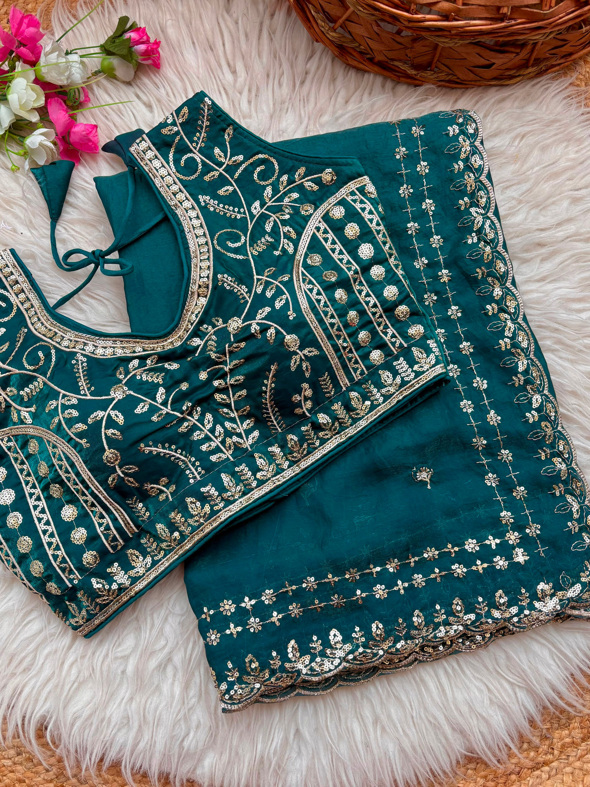 Blossom Wedding Wear Satin Silk Embroidery Sequence n Aarco Work Border Designer Saree With Stitched Blouse