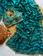 Load image into Gallery viewer, Blossom Wedding Wear Satin Silk Embroidery Sequence n Aarco Work Border Designer Saree With Stitched Blouse
