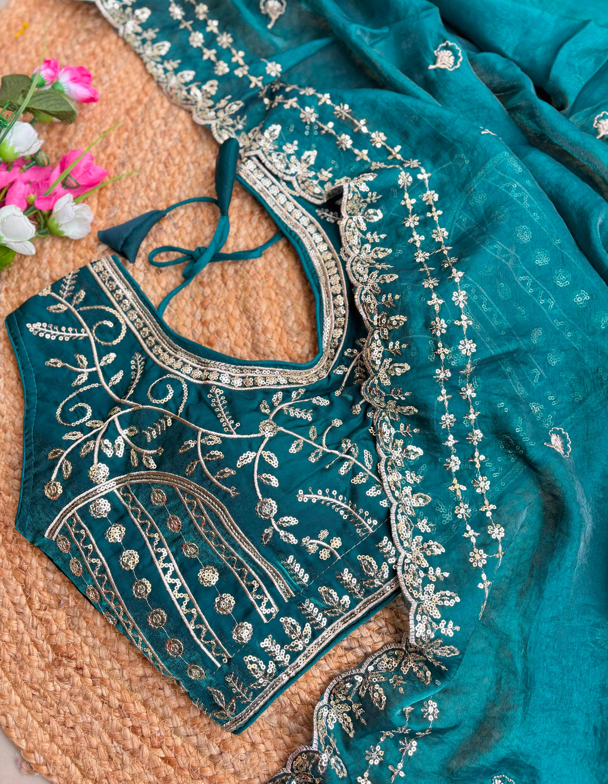 Blossom Wedding Wear Satin Silk Embroidery Sequence n Aarco Work Border Designer Saree With Stitched Blouse